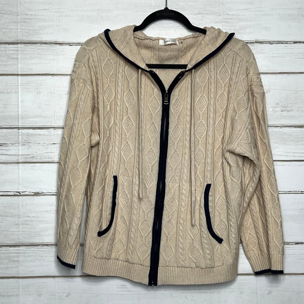 Mustard Seed Cable Knit Zip Up Hoodie Sweater Cream Beige Size Small